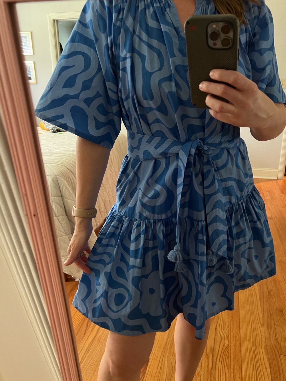 Oliphant Dress Raglan Sleeve Mini Belted in Ashbury Blue Wavy LG